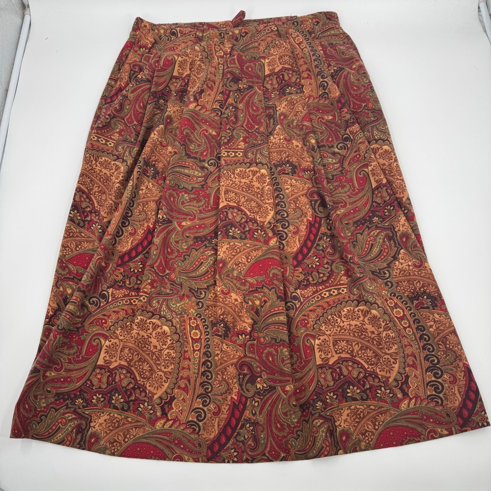 Orvis Womens Paisley Pleated Midi Skirt Burgundy Rust Brown Size 14 Elastic Back